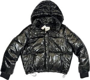 New GAP Cropped Puffer Jacket Sz XL Glossy Black Liquid Shine Hooded Coat